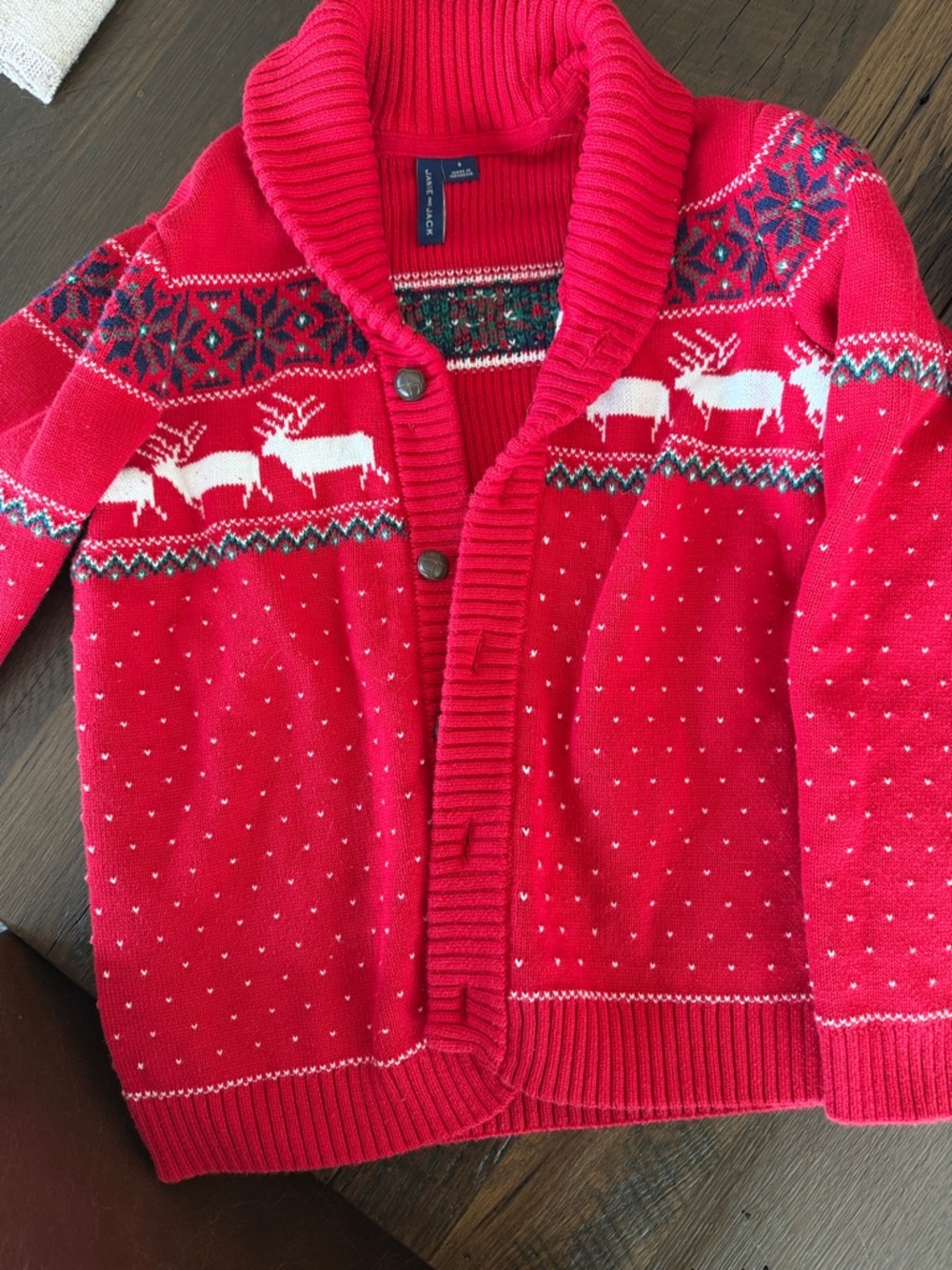 Janie and Jack Red Shawl Collar Reindeer Knit Cardigan